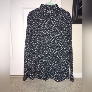 Express Extra Slim Black Button Down with White Floral Pattern